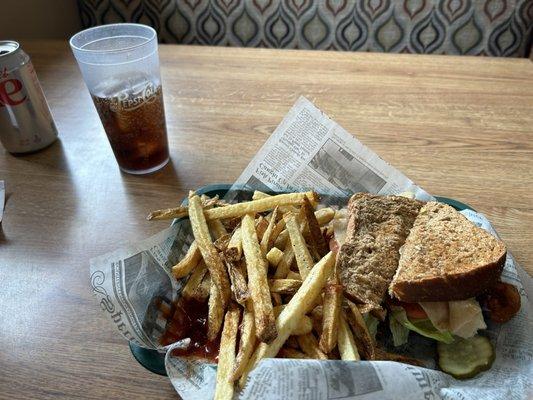 Club sandwich and fries.
