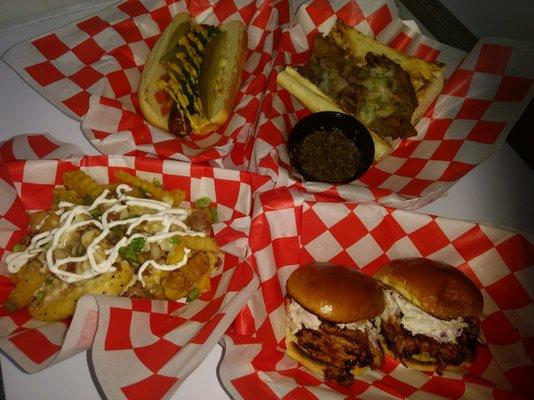 Chicago Dog, Italian Beef, Freedom Fries and Pulled Pork Sandwich