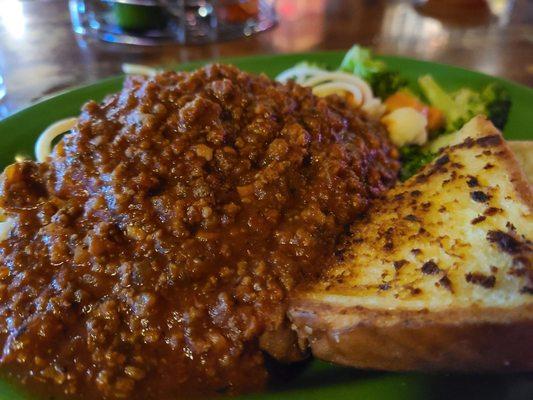 Spaghetti and Meat Sauce. Served with classic Texas toast and steamed veggies.
