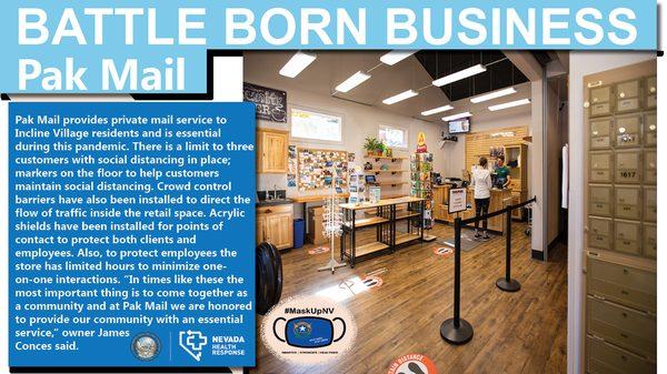 Pak Mail was recognized by the NV Health Response group for excellence in our response to COVID-19