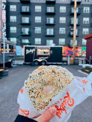Classic toasted everything bagel with strawberry cream cheese! What a pleasant treat on a chilly Saturday morning.