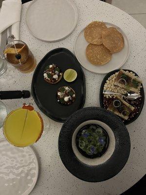 Aguachile Negro, Manguito, Rib Eye Old Fashioned, Bone Marrow & Oyster Mushroom Sopes