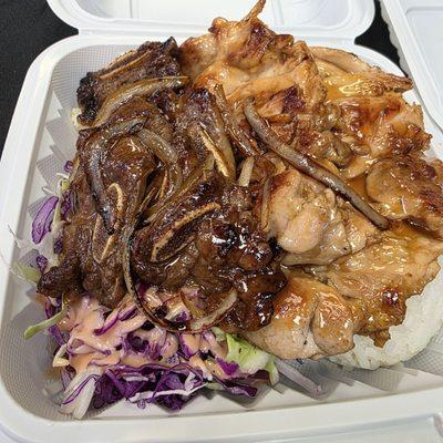 Hawaiian chicken and kalbi short rib combo plate