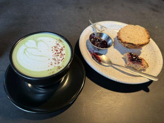 Seasonal matcha and biscuit with blueberry compote