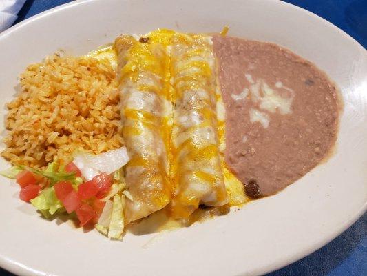2 beef enchilada, rice and beans