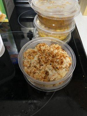 mac salad, lease favorite. not a fan of the texture of the macaroni.