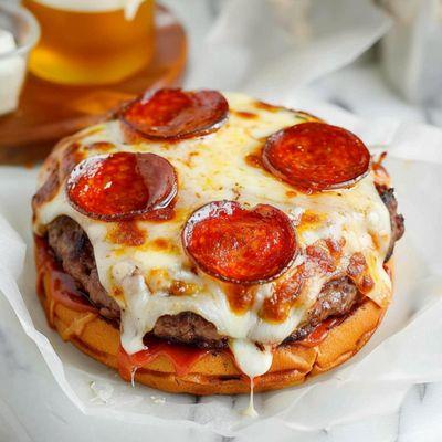 Pizza Burger - 5 oz Angus Beef Patty, w Marinara sauce, Hand cut Provolone Cheese w Pepperoni topping on a Buttery Brioche Bun