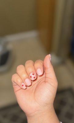nude pink w/ + red hearts & outlined heart in rose gold glitter (=