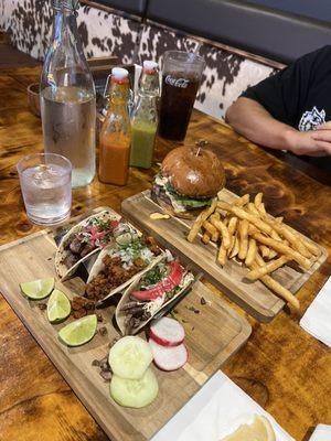 Southwest Burger, Carne asada taco, pastor taco, and ribeye taco