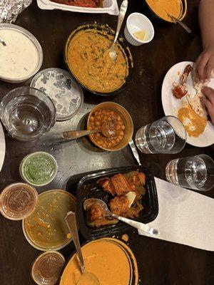 Chicken and butter tikka masala, raita, chole, kebabs