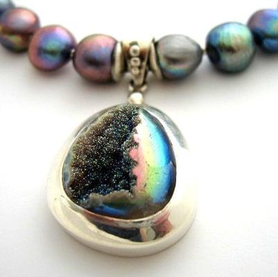 Grey Drusy Quartz with Freshwater Pearls