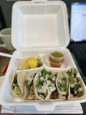 Chicken and Pork Tacos. Really great! Sauces will light you up, wonderful flavors with a nice kick! Very sweet service and great prices.