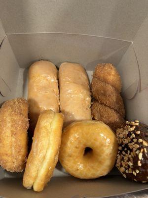 Maple bars, crumb, glaze, crumb twist, and chocolate with nuts