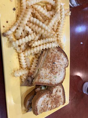 Chicken Avocado Melt with fries! Get honey mustard to dip your fries in!