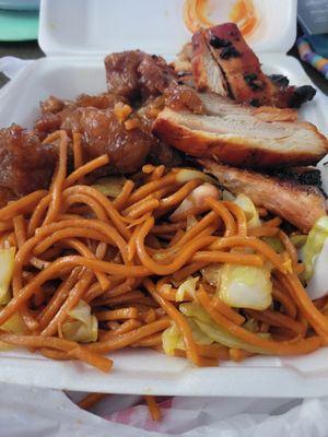 Orange chicken, teriyaki chicken, and chow mein.