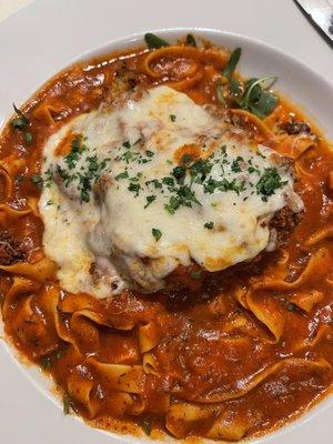 Chicken parmesan over home made linguini
