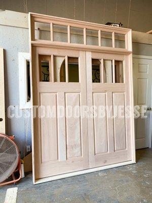 C15-Custom Door, Houston Area, New Construction 2-36" x 96" 1-3/4" Mahogany Craftsman 3-Lite/2-Pnl. 1-Transom Custom Lites
