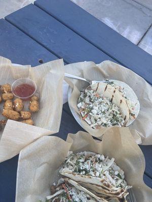 Cheese curds, pork tacos and fish taco