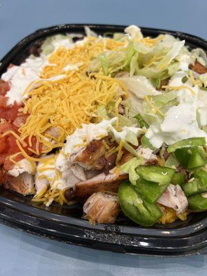 Chicken bowl isn't pretty but it was actually decent. One dish is enough for us to share. Needs sauce though. I used hot sauce.