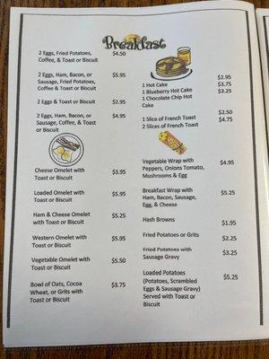 Breakfast menu