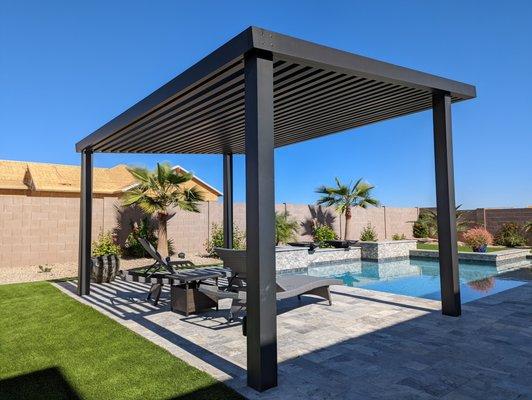 Free standing 3x3 Lattice 4K Aluminum spaced at 3" with 6x6 posts in Espresso color installed by Oasis Patio Cover.