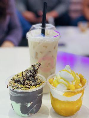 Dubai chocolate ice cream, mango mellow and Milk Tea