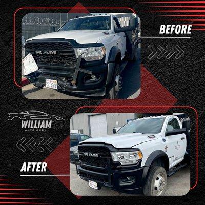 One of our latest repairs
This RAM 5500 had front-end damage--we replaced the bumper, inner brackets, upper/lower grille, and headlights!