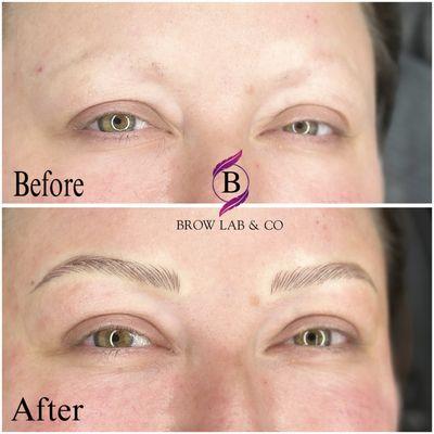 Permanent makeup services including microblading, ombré brows, lip blushing, and eyeliner by Rose at Brow Lab & Co.