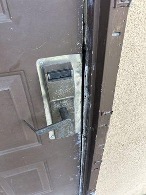 Broken door u could see outside from the inside there was also a bullet hole in the door