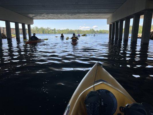 Under the bridge, kayaking from Lake Gervais to Lake Keller