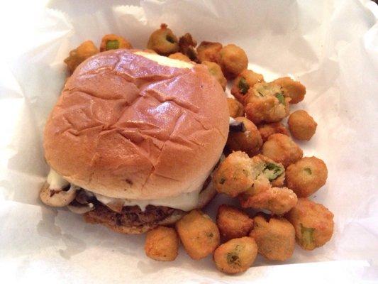 Mushroom swiss burger and fried okra