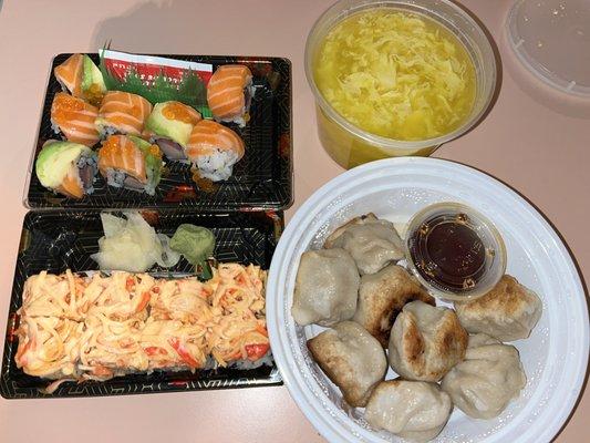 spicy girl roll, inchiban roll, gyoza fried and egg drop soup