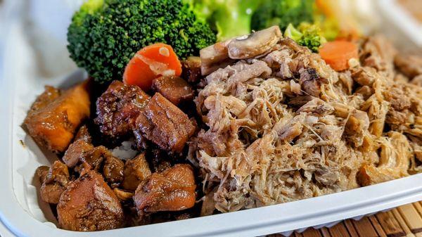 Mixed Plate: Hulu Hulu Chicken and Luau Pork with Rice, Mac and Mixed Veggies