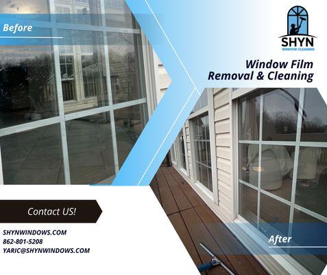 Before & After Picture of window film removal as well as our Basic Sparkle Package Cleaning.