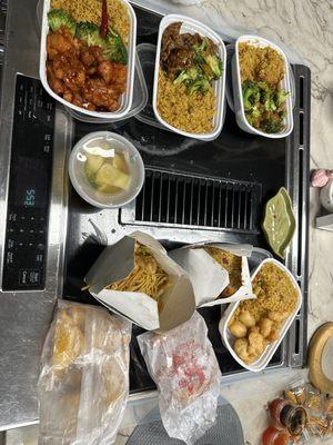 Chicken and beef with broccoli, general tso, sweet and sour chicken, shrimp lo mein, and house special fried rice