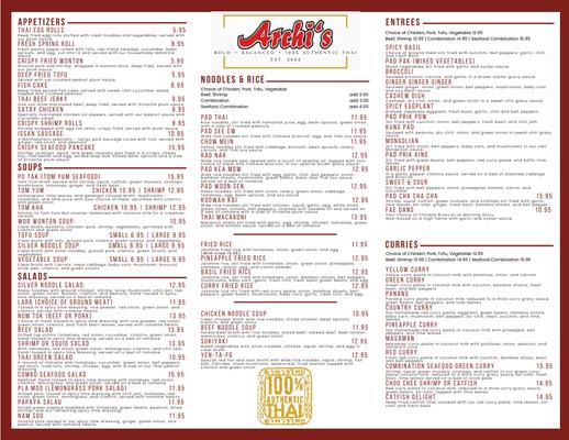 Archi's Thai Kitchen Menu