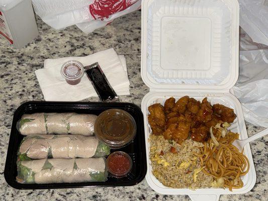 Left: Lunch plate of double orange chicken w/ fried rice & chow-mein Right: Pork spring rolls.