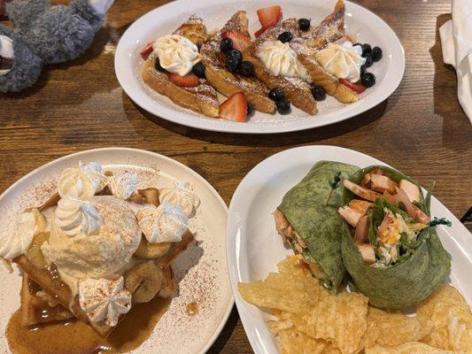 Bananas foster waffles, berry french toast, chicken ranch wrap