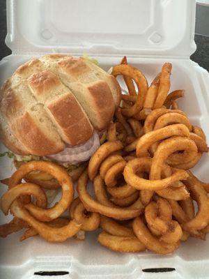 Cheeseburger and curly fries