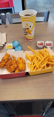 Special request 5piece chicken tender combo cooked fresh. French fries no salt those are always fresh for me. Coke Zero sauce for dipping