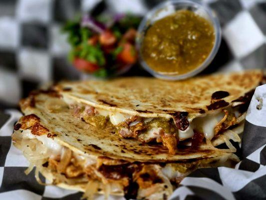 This is the cheese quesadilla with the salsa and caramelized onions