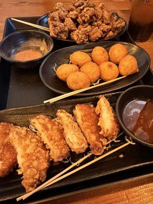 Tempura shrimp cakes, popping fish ball, popcorn chicken.