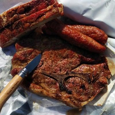 Ribs, sausage, pork steak