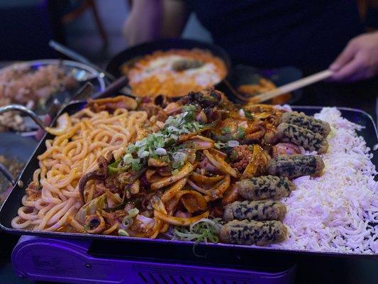 Spicy Pork and Baby Octopus with Udon and Cheese