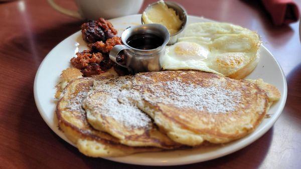 Pancake breakfast with side of Chorizo and Eggs