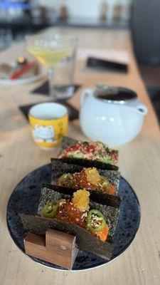 King salmon and tuna hand rolls