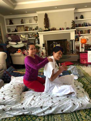 This picture is of going to a friend's house for a massage.
