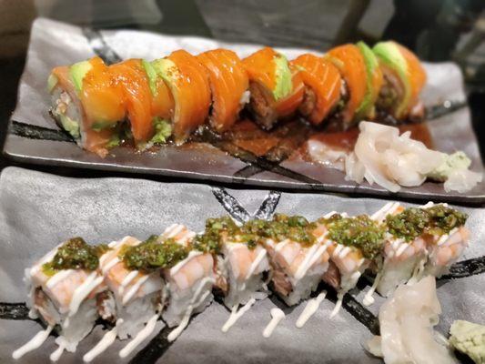 Tempura & king salmon (up top) & duo of shrimp with Chimichurri (bottom) SO GOOD