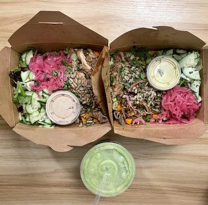 left: Chicken Mixed Bowl, right: Pork Shoulder Mixed Bowl; Green Smoothie