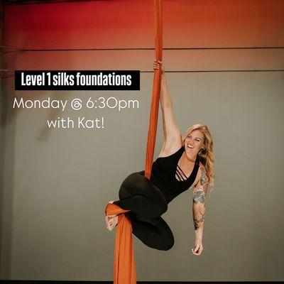 Level 1 silks is beginner friendly! Every Monday at 6:30pm. Sign up online